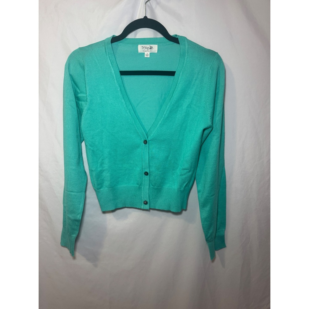NWOT Tulip B Cropped Button Front Cardigan Women's Medium Blue V-Neck Preppy